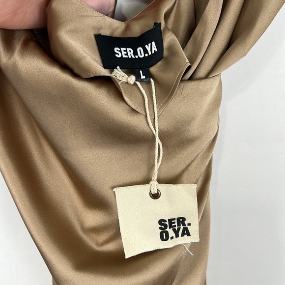 Revolve SER.O.YA by Retrofete Silk Emma Dress in Natural Tan Gold Size Large - Picture 10 of 12